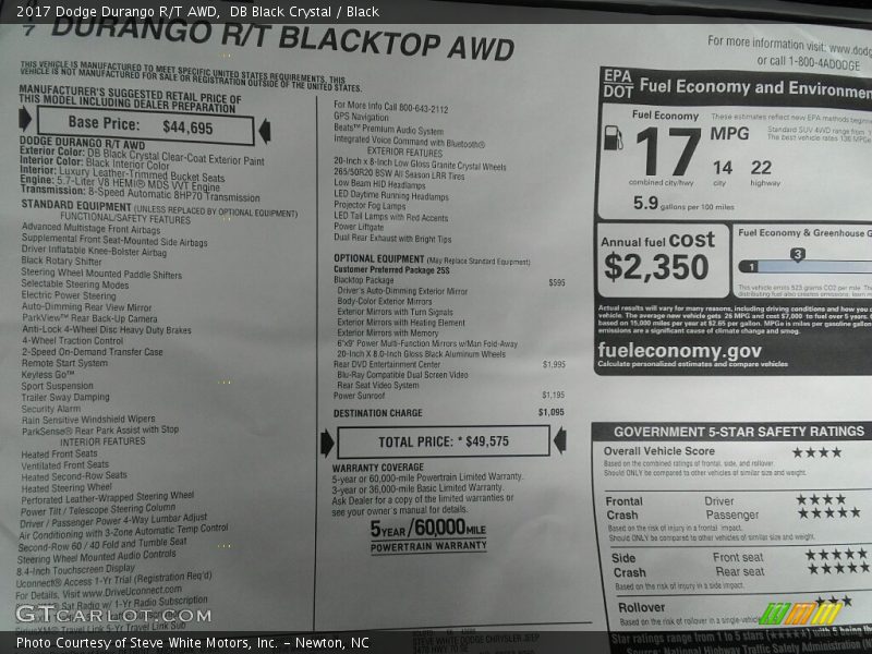  2017 Durango R/T AWD Window Sticker