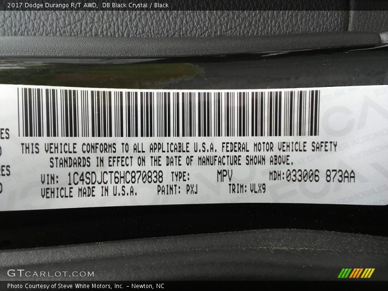 2017 Durango R/T AWD DB Black Crystal Color Code PXJ