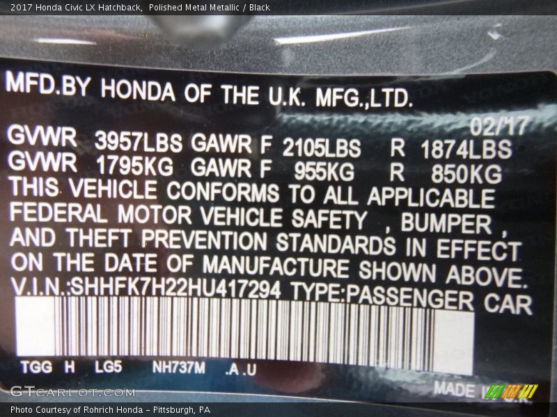 Polished Metal Metallic / Black 2017 Honda Civic LX Hatchback