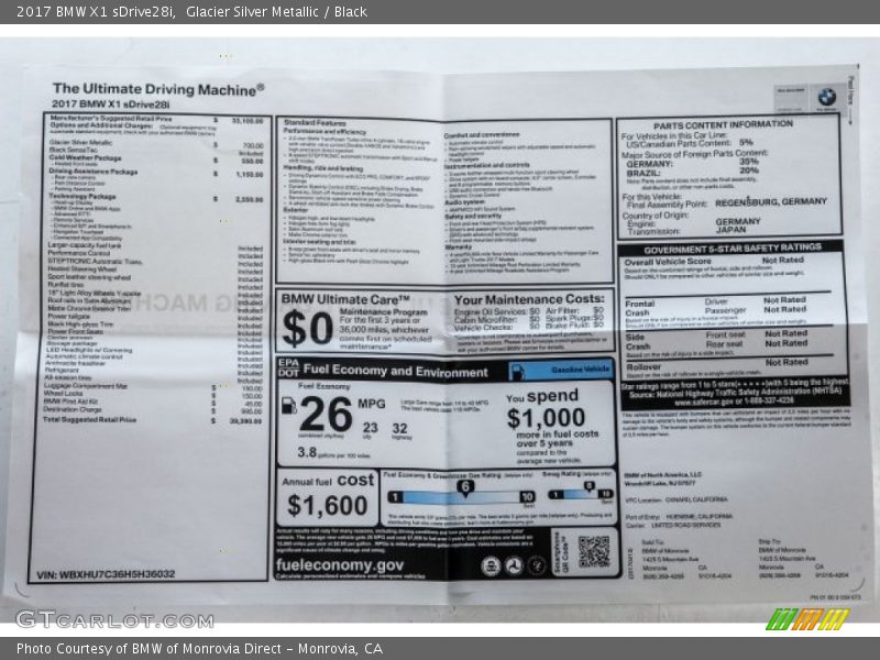 Glacier Silver Metallic / Black 2017 BMW X1 sDrive28i