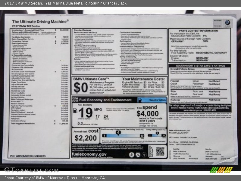  2017 M3 Sedan Window Sticker