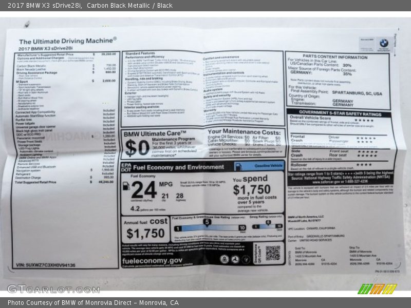 Carbon Black Metallic / Black 2017 BMW X3 sDrive28i