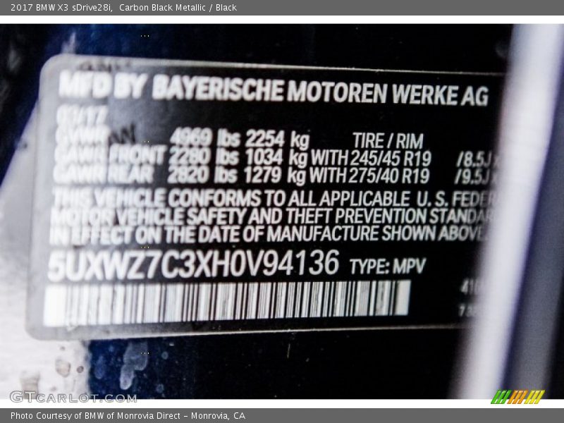 Carbon Black Metallic / Black 2017 BMW X3 sDrive28i