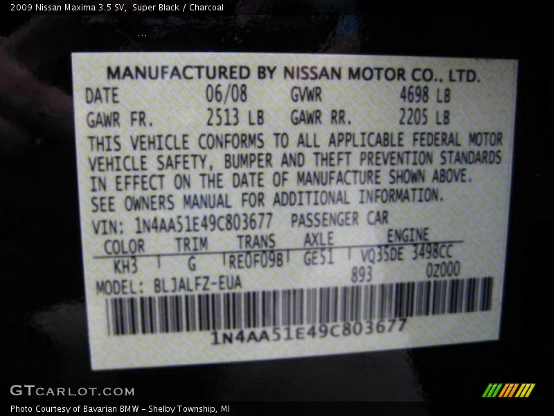 Super Black / Charcoal 2009 Nissan Maxima 3.5 SV