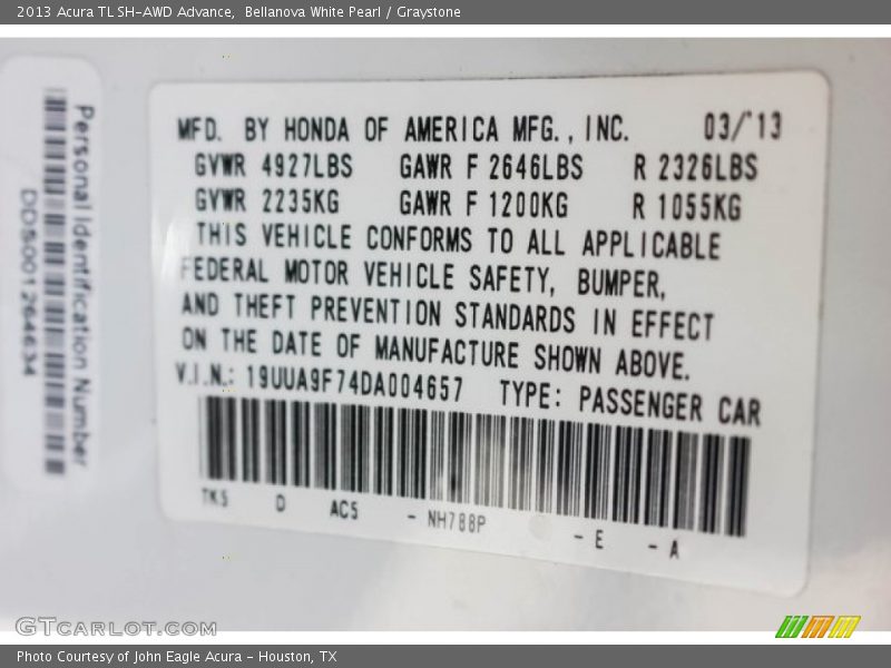 Bellanova White Pearl / Graystone 2013 Acura TL SH-AWD Advance
