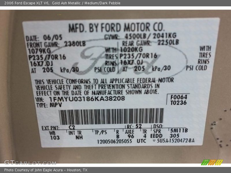 Gold Ash Metallic / Medium/Dark Pebble 2006 Ford Escape XLT V6