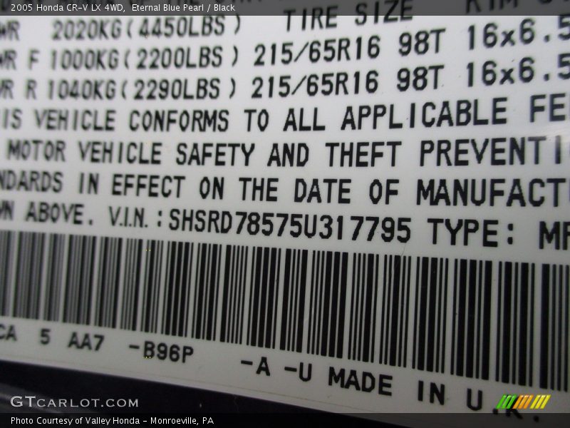 Eternal Blue Pearl / Black 2005 Honda CR-V LX 4WD