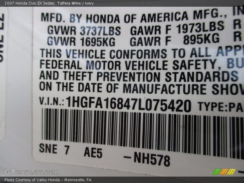 Taffeta White / Ivory 2007 Honda Civic EX Sedan