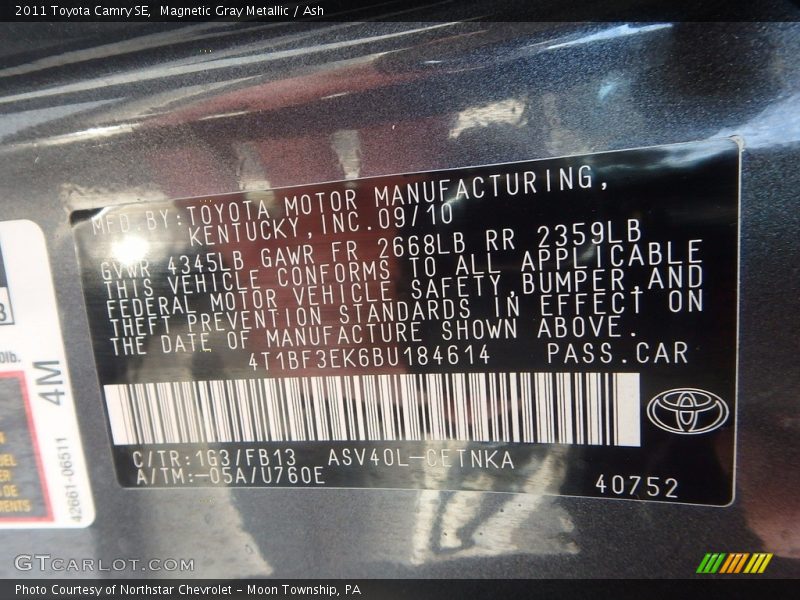 Magnetic Gray Metallic / Ash 2011 Toyota Camry SE