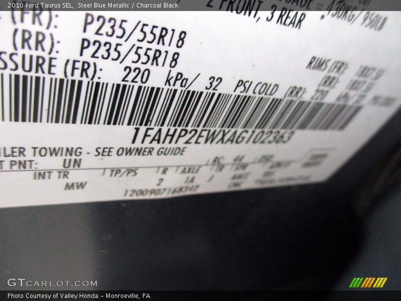 Steel Blue Metallic / Charcoal Black 2010 Ford Taurus SEL