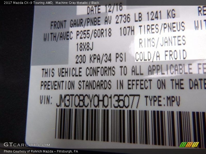 Machine Gray Metallic / Black 2017 Mazda CX-9 Touring AWD