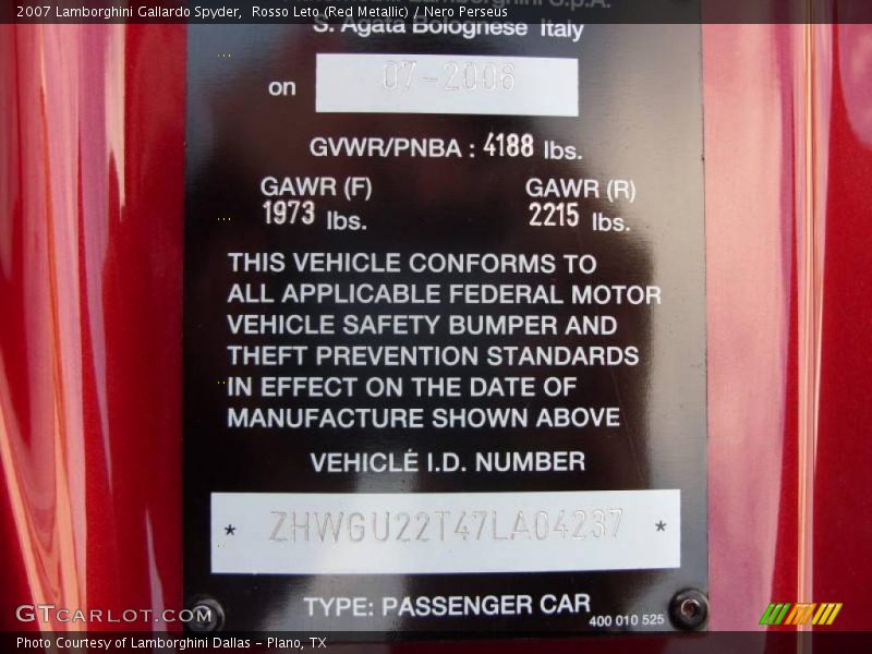 Info Tag of 2007 Gallardo Spyder