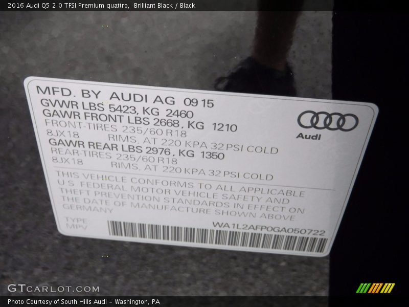 Brilliant Black / Black 2016 Audi Q5 2.0 TFSI Premium quattro
