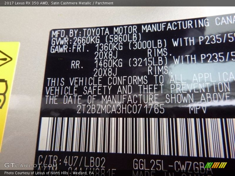 Satin Cashmere Metallic / Parchment 2017 Lexus RX 350 AWD