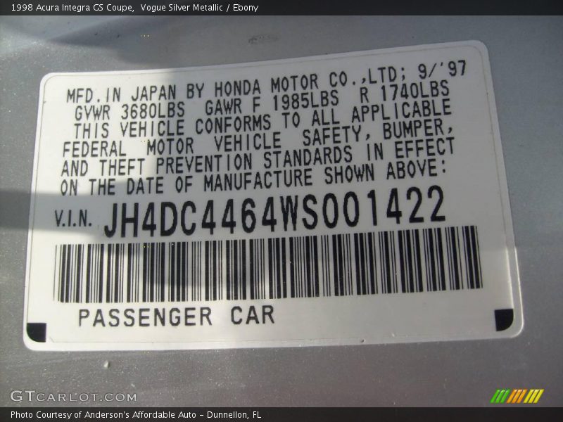 Vogue Silver Metallic / Ebony 1998 Acura Integra GS Coupe