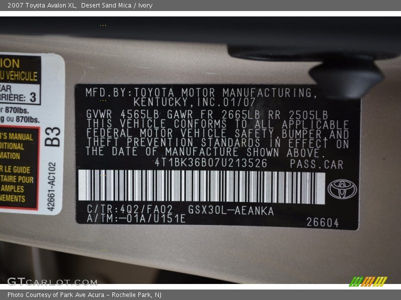 2007 Avalon XL Desert Sand Mica Color Code 4Q2