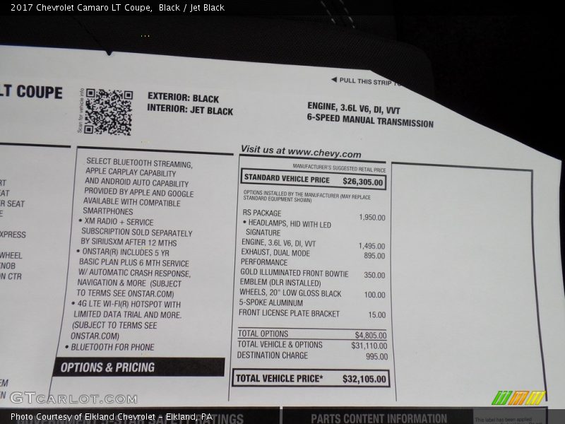 Black / Jet Black 2017 Chevrolet Camaro LT Coupe