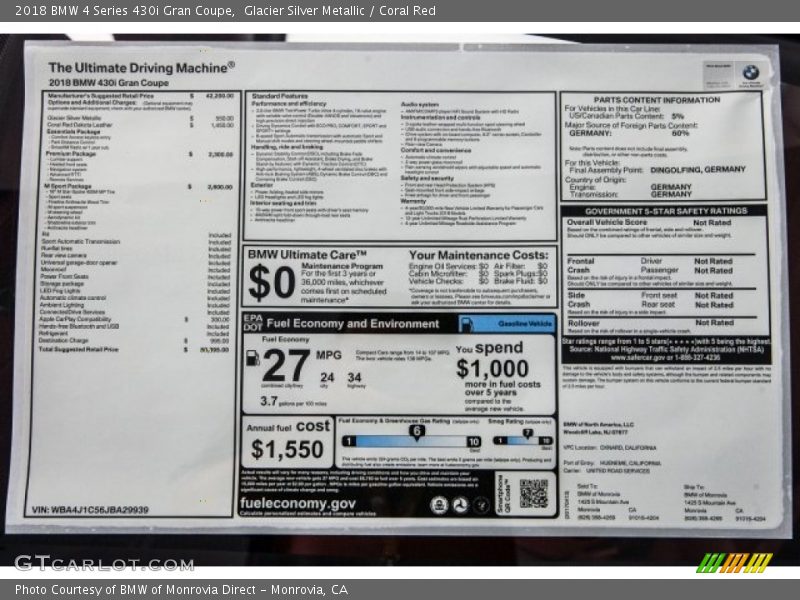  2018 4 Series 430i Gran Coupe Window Sticker