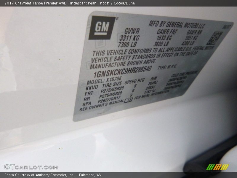 Iridescent Pearl Tricoat / Cocoa/Dune 2017 Chevrolet Tahoe Premier 4WD