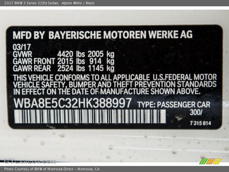 2017 3 Series 328d Sedan Alpine White Color Code 300