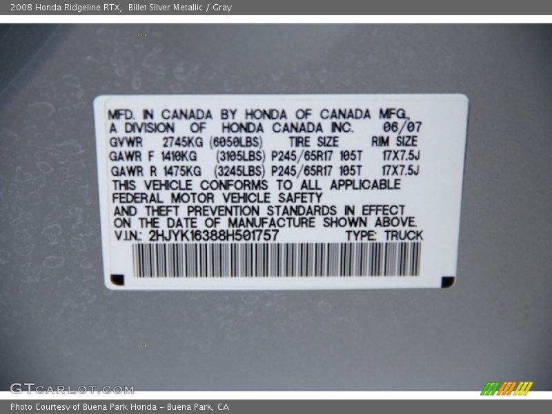 Billet Silver Metallic / Gray 2008 Honda Ridgeline RTX