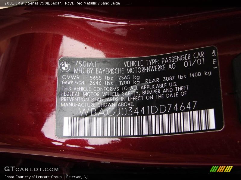 Royal Red Metallic / Sand Beige 2001 BMW 7 Series 750iL Sedan