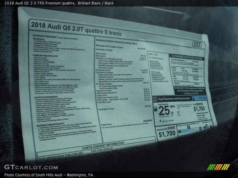  2018 Q5 2.0 TFSI Premium quattro Window Sticker