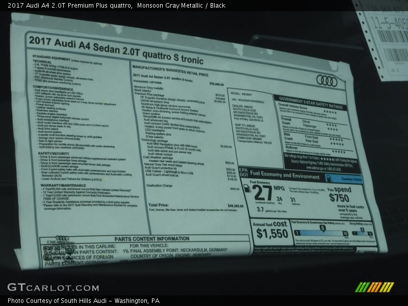 Monsoon Gray Metallic / Black 2017 Audi A4 2.0T Premium Plus quattro
