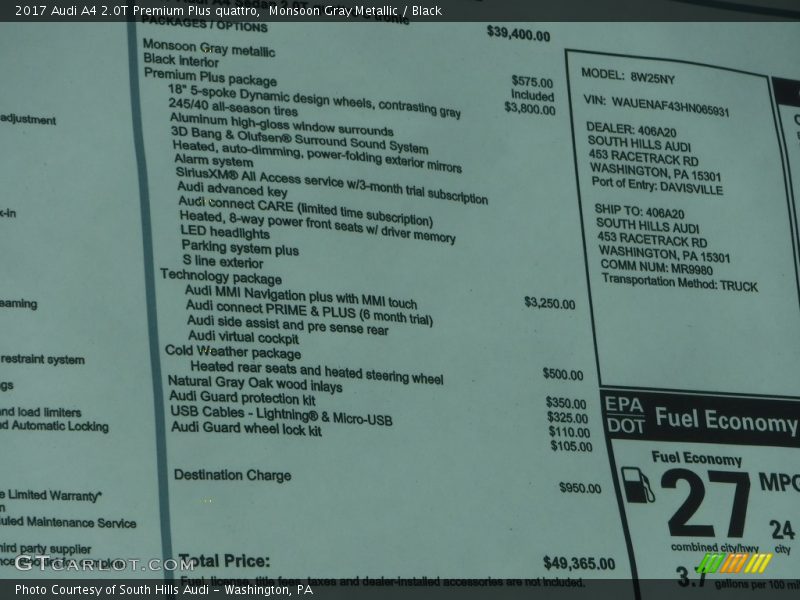 Monsoon Gray Metallic / Black 2017 Audi A4 2.0T Premium Plus quattro