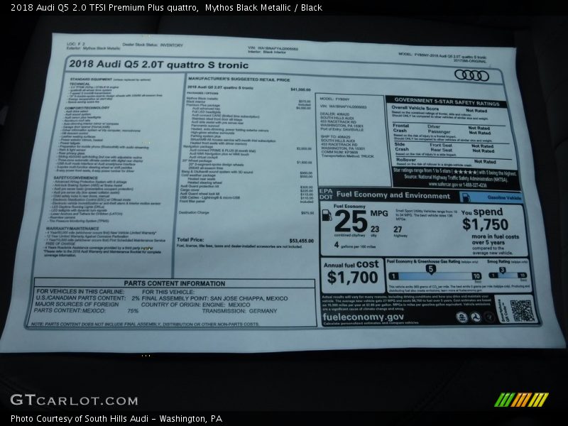  2018 Q5 2.0 TFSI Premium Plus quattro Window Sticker