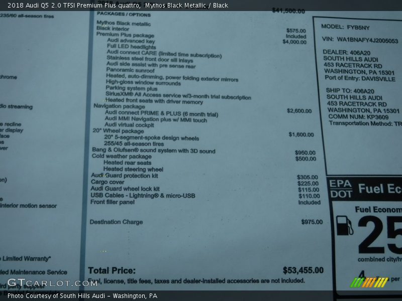  2018 Q5 2.0 TFSI Premium Plus quattro Window Sticker