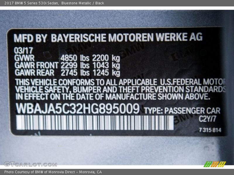 Bluestone Metallic / Black 2017 BMW 5 Series 530i Sedan