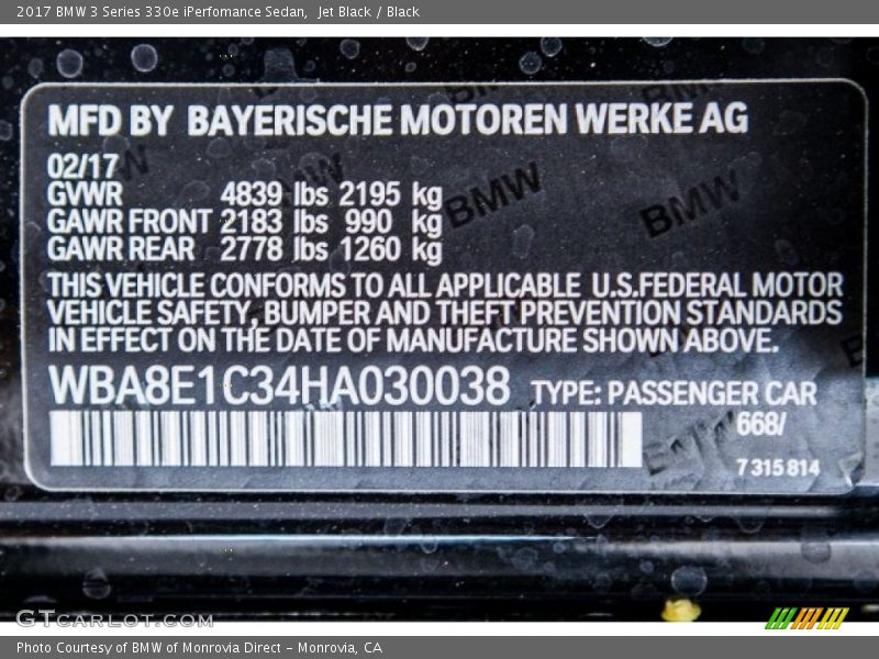 Jet Black / Black 2017 BMW 3 Series 330e iPerfomance Sedan