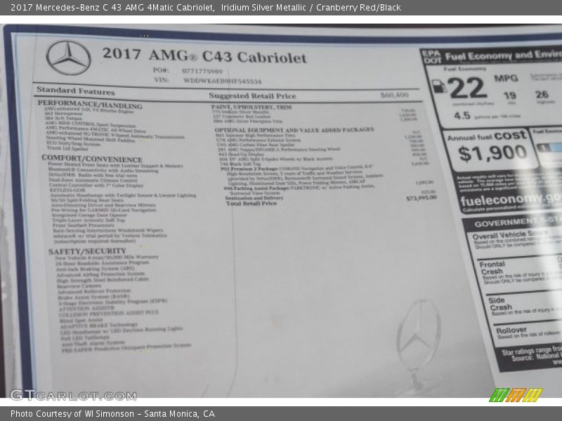  2017 C 43 AMG 4Matic Cabriolet Window Sticker
