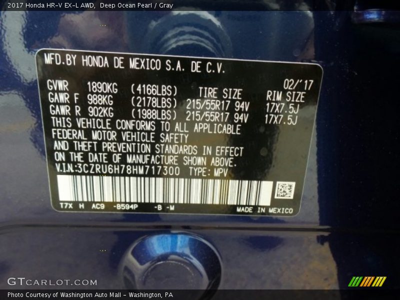 Deep Ocean Pearl / Gray 2017 Honda HR-V EX-L AWD