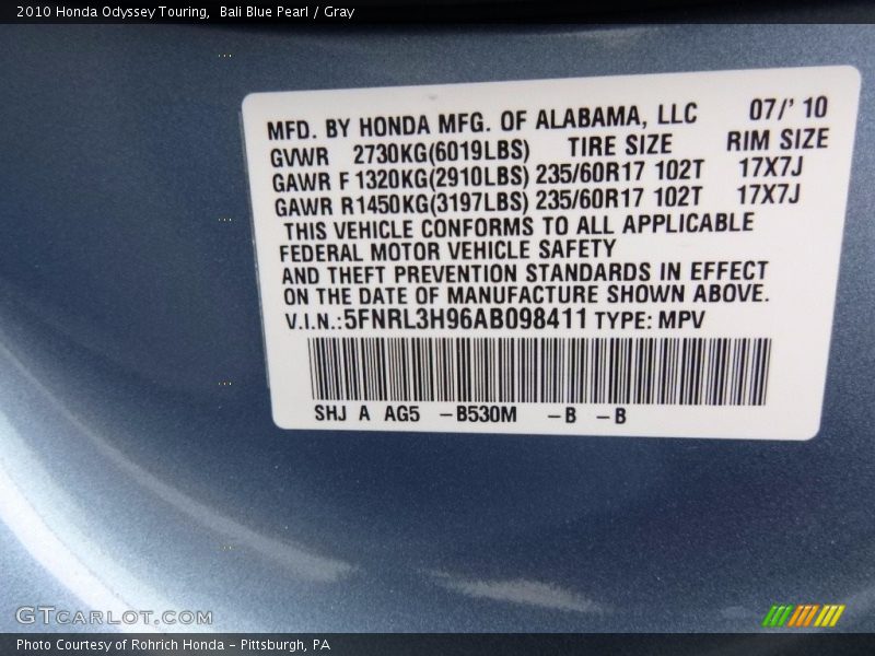 Bali Blue Pearl / Gray 2010 Honda Odyssey Touring