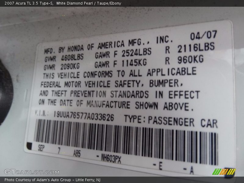White Diamond Pearl / Taupe/Ebony 2007 Acura TL 3.5 Type-S
