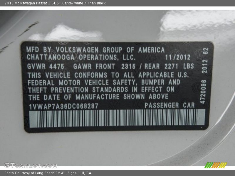 Candy White / Titan Black 2013 Volkswagen Passat 2.5L S