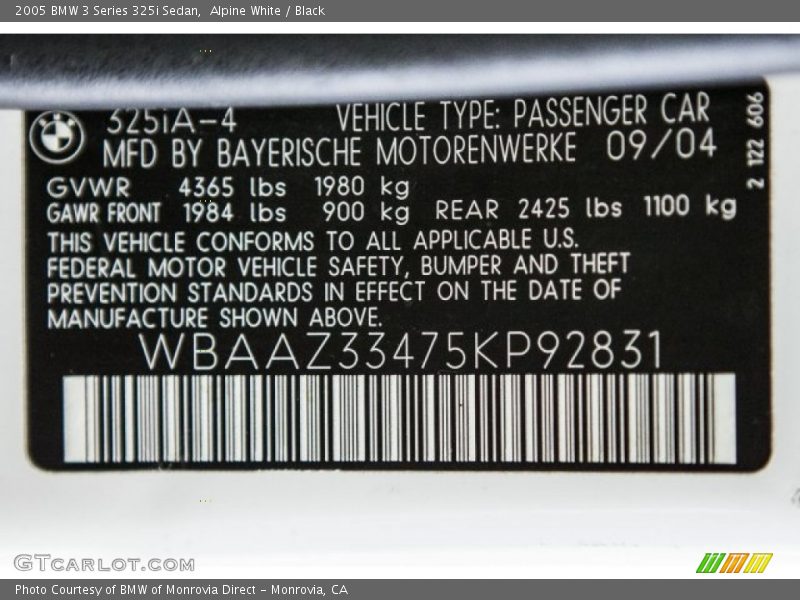 Alpine White / Black 2005 BMW 3 Series 325i Sedan