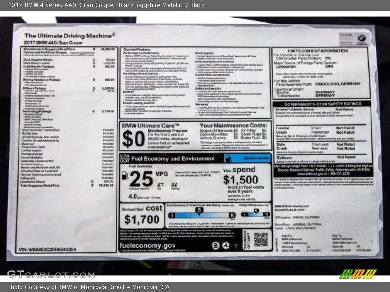  2017 4 Series 440i Gran Coupe Window Sticker