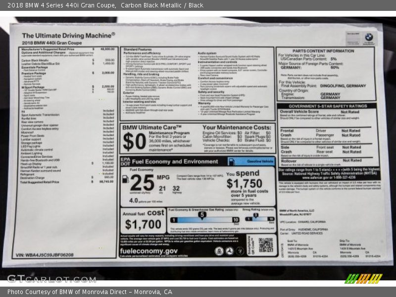  2018 4 Series 440i Gran Coupe Window Sticker