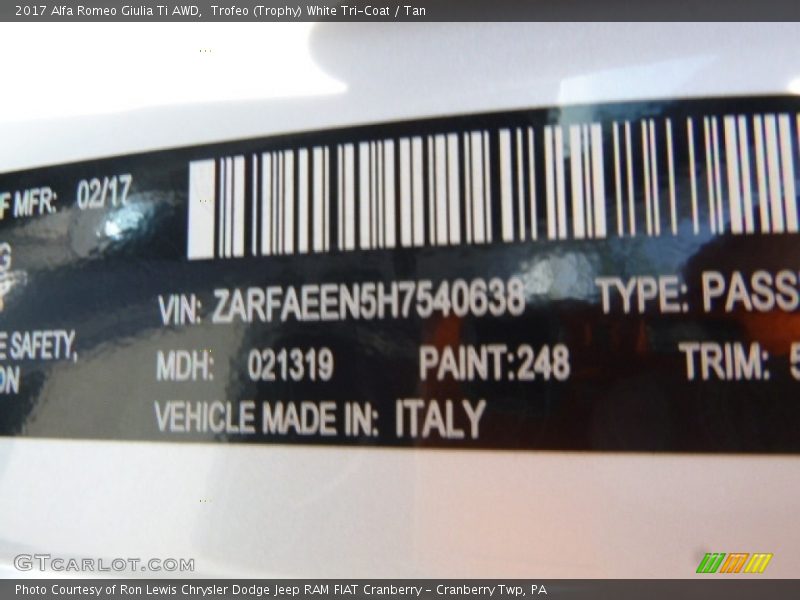 2017 Giulia Ti AWD Trofeo (Trophy) White Tri-Coat Color Code 248