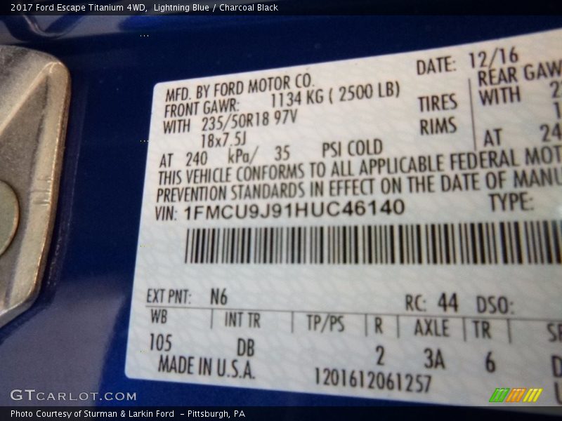 Lightning Blue / Charcoal Black 2017 Ford Escape Titanium 4WD