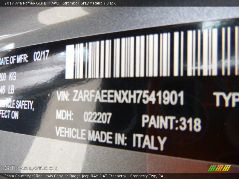 2017 Giulia Ti AWD Stromboli Gray Metallic Color Code 318