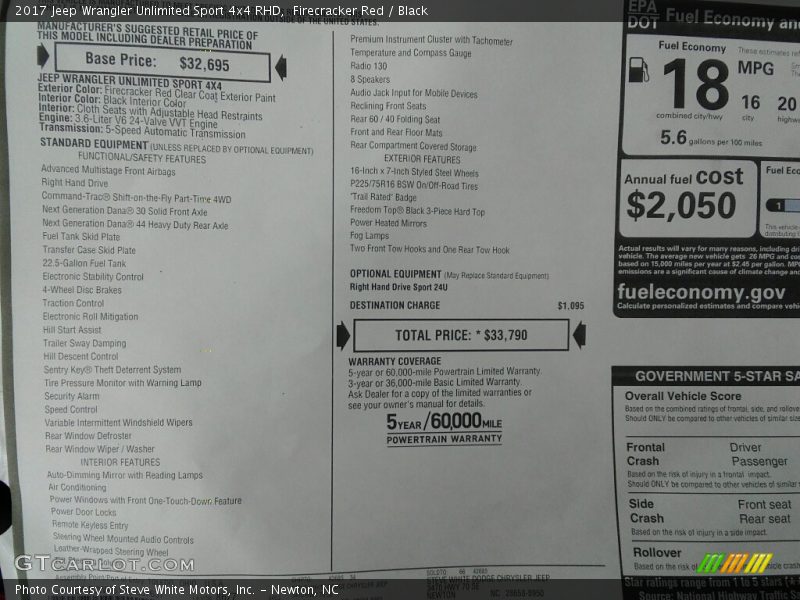  2017 Wrangler Unlimited Sport 4x4 RHD Window Sticker