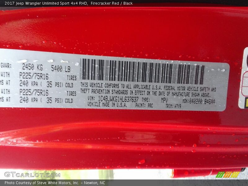 2017 Wrangler Unlimited Sport 4x4 RHD Firecracker Red Color Code PRC