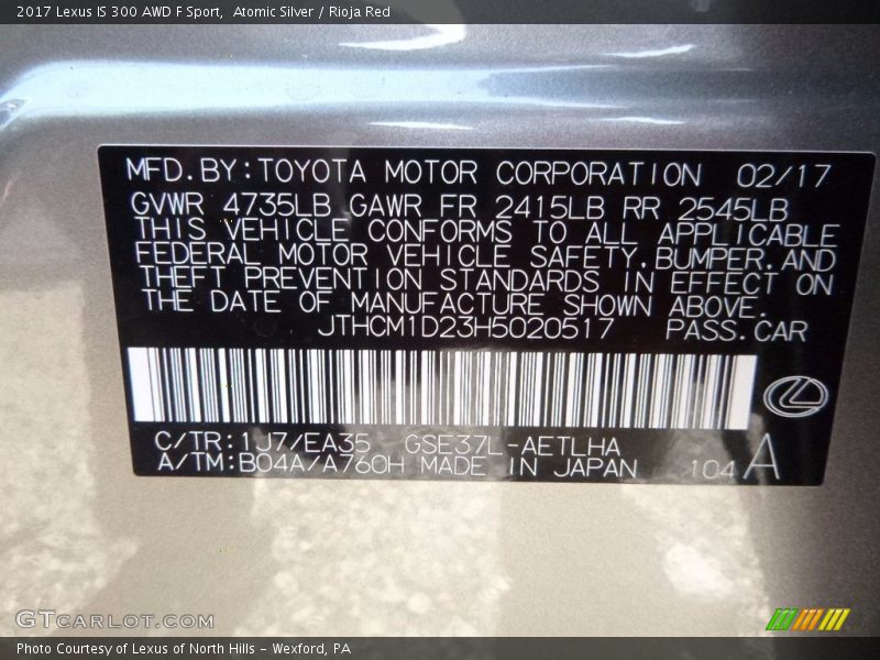 Atomic Silver / Rioja Red 2017 Lexus IS 300 AWD F Sport