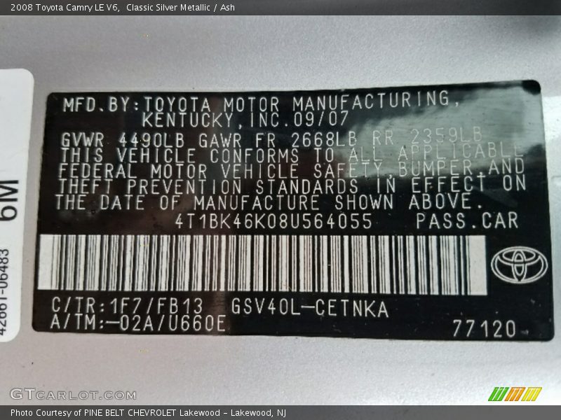 Classic Silver Metallic / Ash 2008 Toyota Camry LE V6