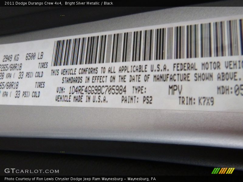 Bright Silver Metallic / Black 2011 Dodge Durango Crew 4x4