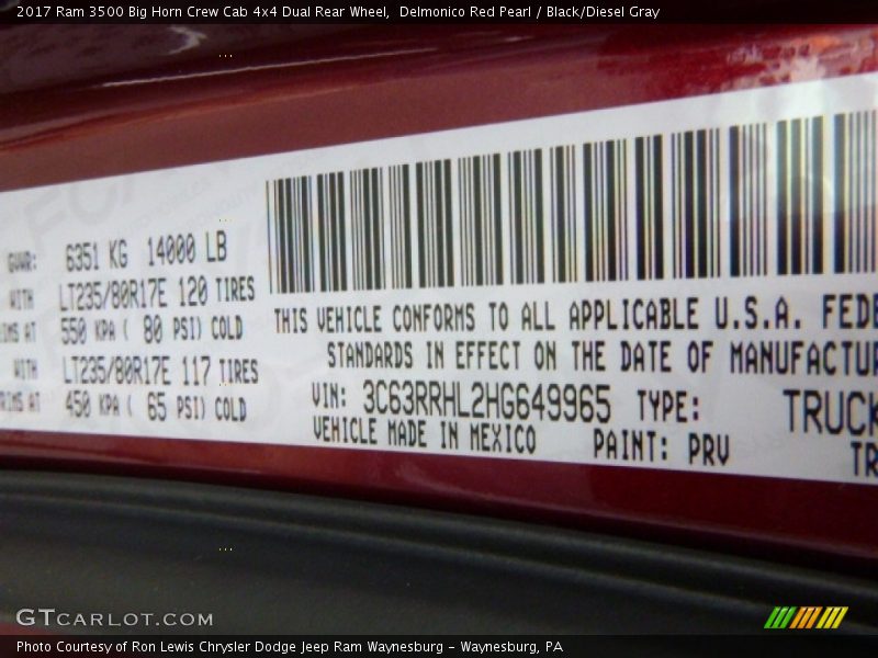 2017 3500 Big Horn Crew Cab 4x4 Dual Rear Wheel Delmonico Red Pearl Color Code PRV